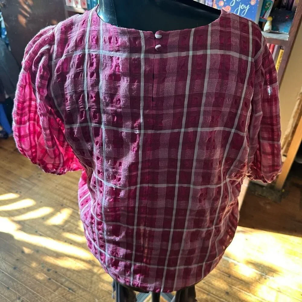 Madewell pink plaid semi sheer lined L puff sleeve blouse